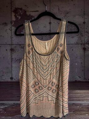 Willow & Clay Embellished Beige Tank with Multicolor Beads